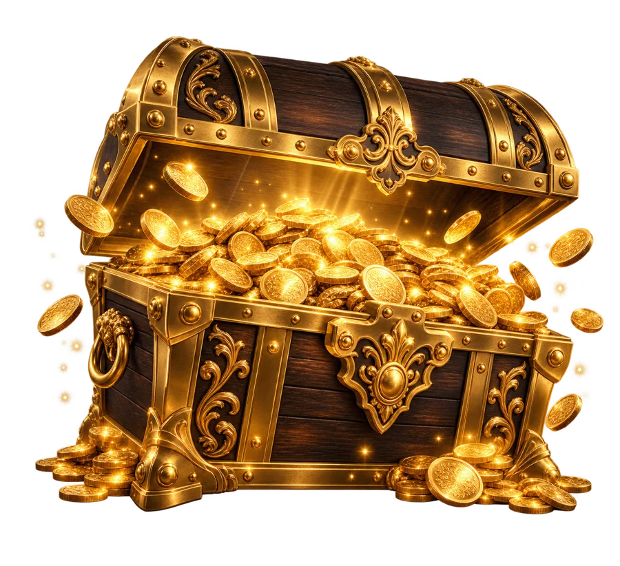 A golden treasure chest filled with coins